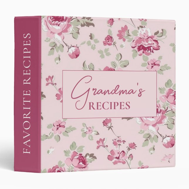 Pretty Pink Floral Gingham Grandmas Recipes Binder (Front/Spine)
