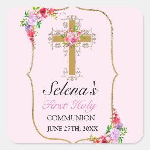 Pretty Pink Floral Girls 1st Holy Communion Square Sticker