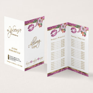 Pretty Pink Floral Glitter Lip Price and Service Business Card