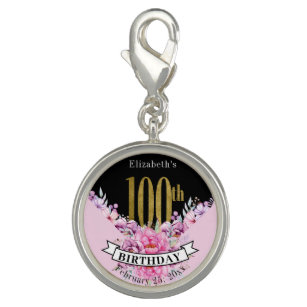 Pretty Pink Floral Gold 100th Birthday  Charm