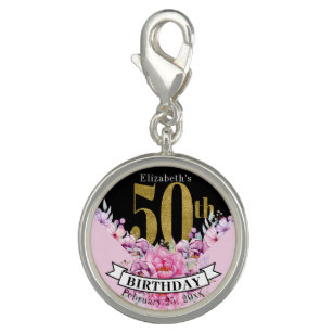 Pretty Pink Floral Gold 50th Birthday  Charm