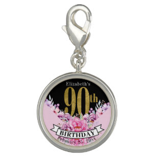 Pretty Pink Floral Gold 90th Birthday  Charm