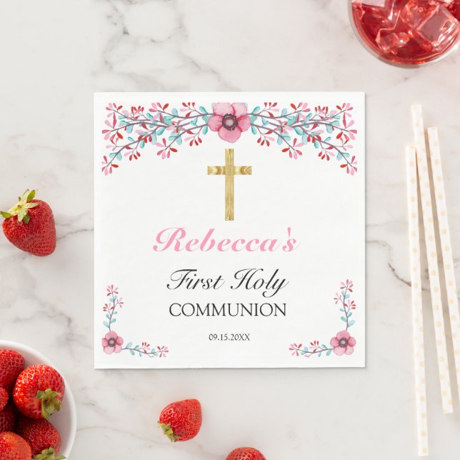 Pretty Pink Floral Gold Cross 1st Holy Communion  Napkin (Insitu)