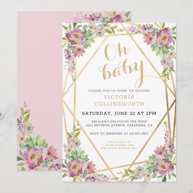  Pretty Pink Floral Gold Geometric Baby Shower  Invitation (Front/Back)