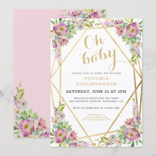  Pretty Pink Floral Gold Geometric Baby Shower  Invitation