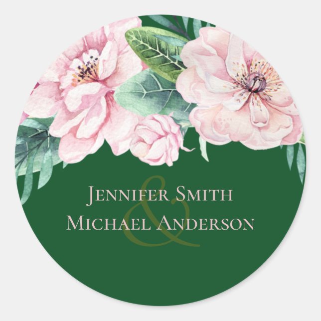 Pretty Pink Floral Green Leaves Wedding Budget Classic Round Sticker (Front)