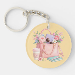 Pretty Pink Floral Handbag with Yellow Background Keychain
