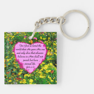 PRETTY PINK FLORAL JOHN 3:16 PHOTO DESIGN KEYCHAIN