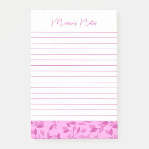 Pretty Pink Floral Leaf Modern Lined Post-it Notes