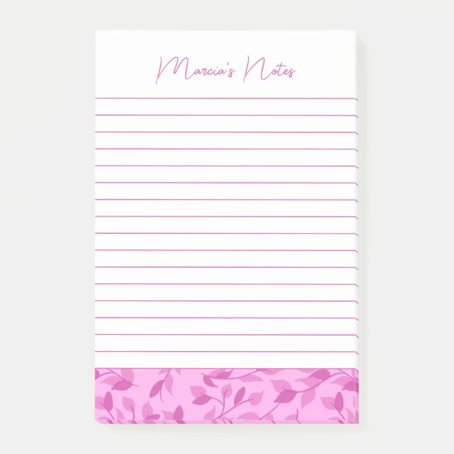 Pretty Pink Floral Leaf Modern Lined Post-it Notes (Front)