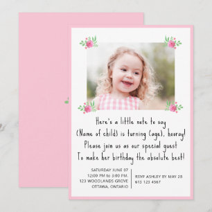 Pretty Pink floral little girls Birthday Photo Invitation