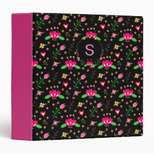 Pretty Pink Floral on Black Monogram Binder