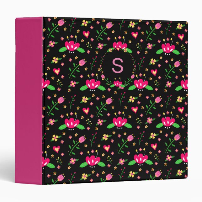 Pretty Pink Floral on Black Monogram Binder (Front/Spine)