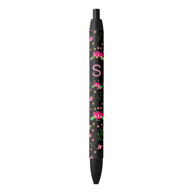 Pretty Pink Floral on Black Monogram Black Ink Pen (Front Vertical)