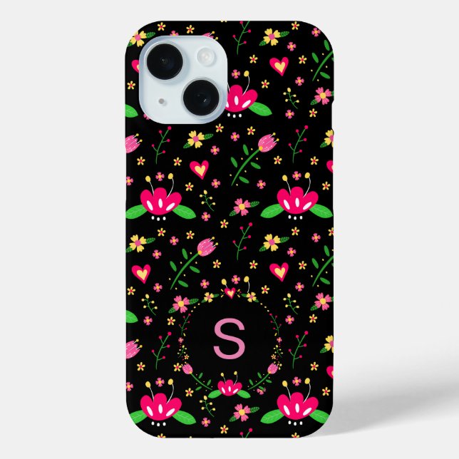 Pretty Pink Floral on Black Monogram Case-Mate iPhone Case (Back)