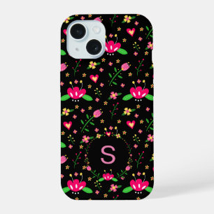 Pretty Pink Floral on Black Monogram iPhone 15 Case