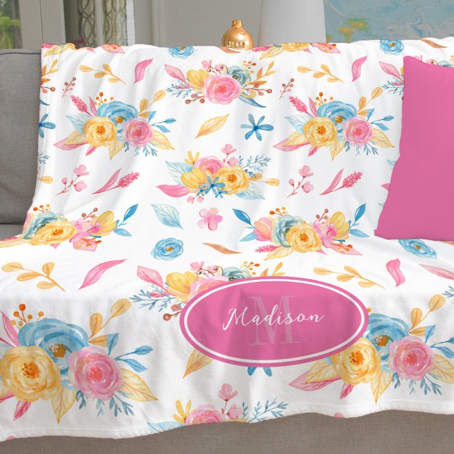 Pretty Pink Floral Pattern Monogrammed Fleece Blanket (Creator Uploaded)