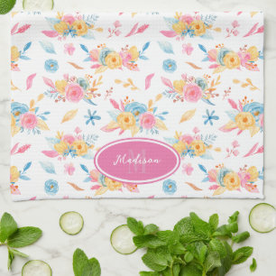 Pretty Pink Floral Pattern Monogrammed Kitchen Towel