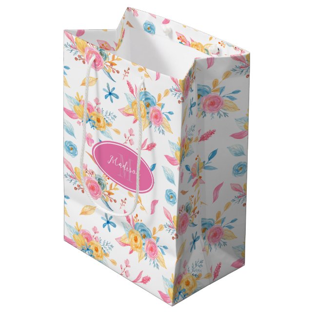 Pretty Pink Floral Pattern Monogrammed Medium Gift Bag (Front Angled)