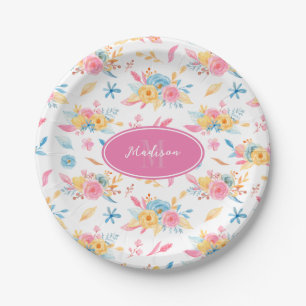 Pretty Pink Floral Pattern Monogrammed Paper Plate