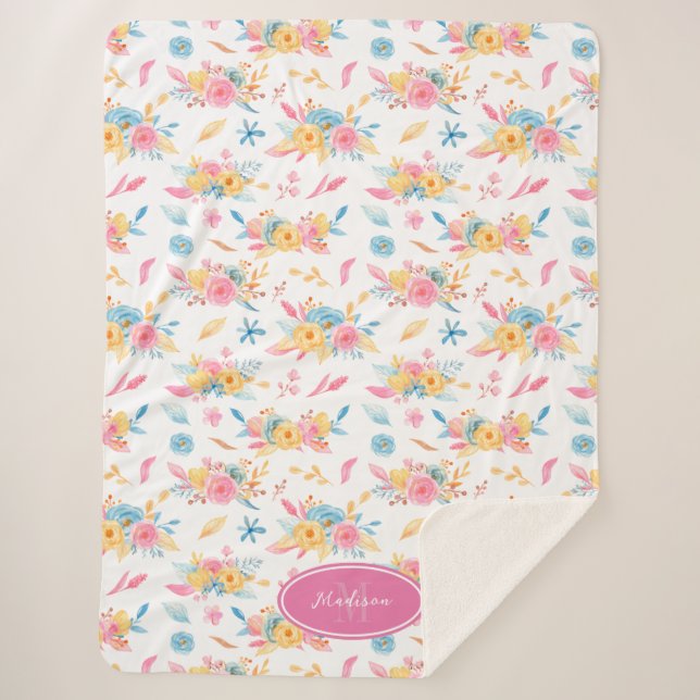 Pretty Pink Floral Pattern Monogrammed Sherpa Blanket (Front)