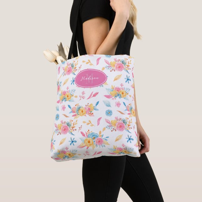 Pretty Pink Floral Pattern Monogrammed Tote Bag (Close Up)