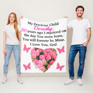 PRETTY PINK FLORAL PERSONALIZED 90TH BIRTHDAY FLEECE BLANKET