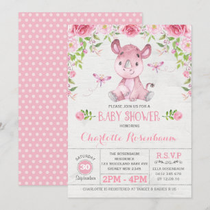 Pretty Pink Floral Rhinoceros Baby Girl Shower Invitation