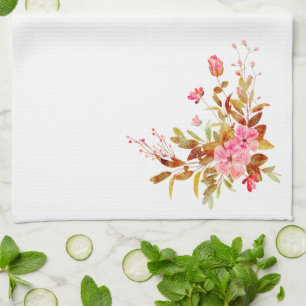 Pretty Pink Floral Roses Leaves Kitchen Towel