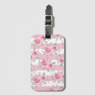 Pretty Pink Floral Roses Pink Stripes Luggage Tag