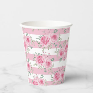 Pretty Pink Floral Roses Pink Stripes Watercolor Paper Cups