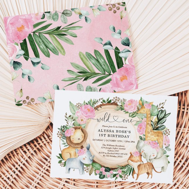 Pretty Pink Floral Safari Wild One 1st Birthday Invitation (Creator Uploaded)