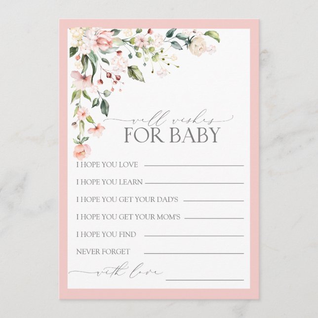 Pretty Pink Floral Script Baby Shower Well Wishes Advice Card (Front)