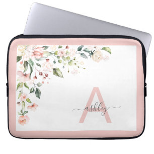 Pretty Pink Floral Script Monogram Initial Name Laptop Sleeve