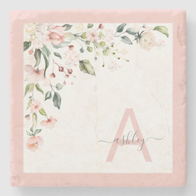 Pretty Pink Floral Script Monogram Initial Name Stone Coaster (Front)