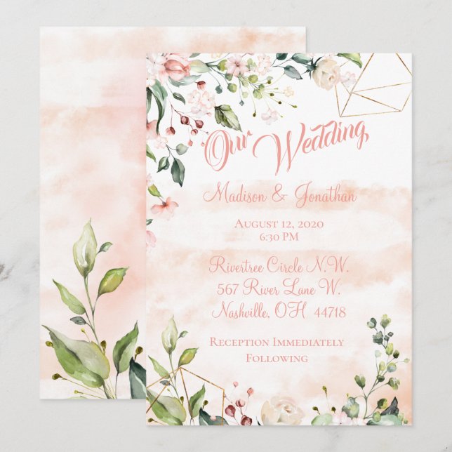 Pretty Pink Floral Script Wedding Invitation (Front/Back)