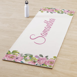 Pretty Pink Floral Watercolor Personalized Name Yoga Mat