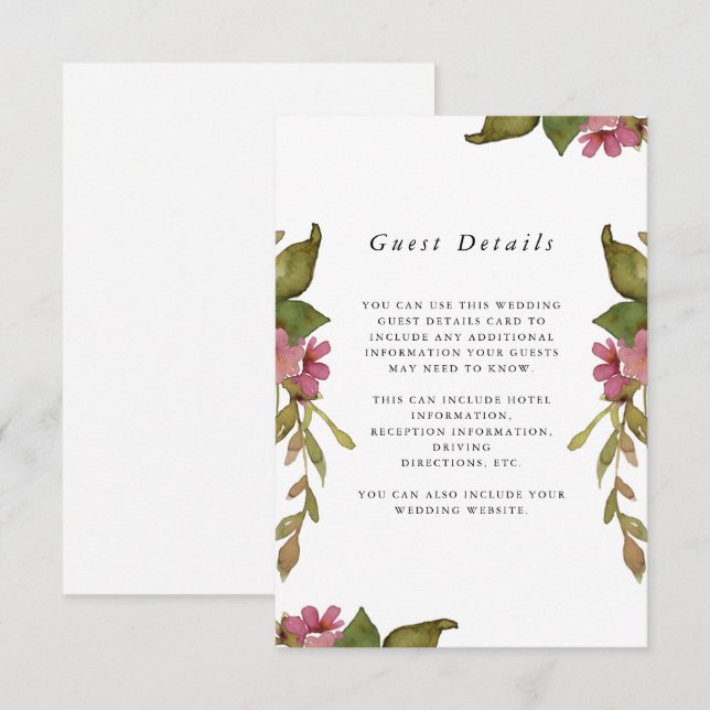 Pretty Pink Floral Wedding Guest Detail Enclosure Card (Front/Back)