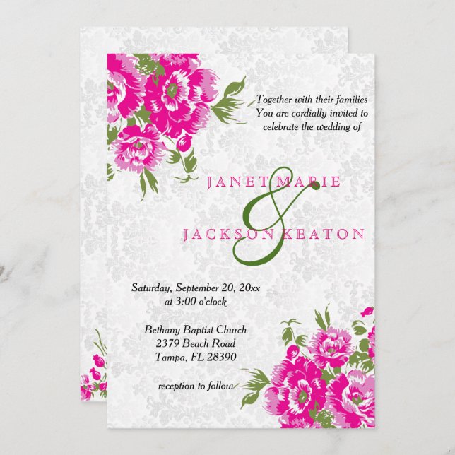 Pretty Pink Floral Wedding Invitation (Front/Back)