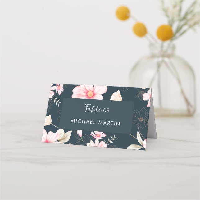 Pretty Pink Floral Wedding Table Blue Place Card (Front)