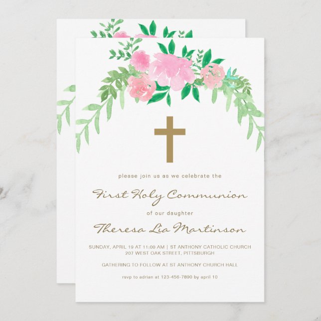 Pretty Pink Floral with Cross First Holy Communion Invitation (Front/Back)
