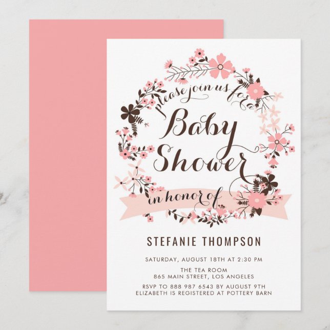 Pretty Pink Floral Wreath Baby Shower Invitation (Front/Back)