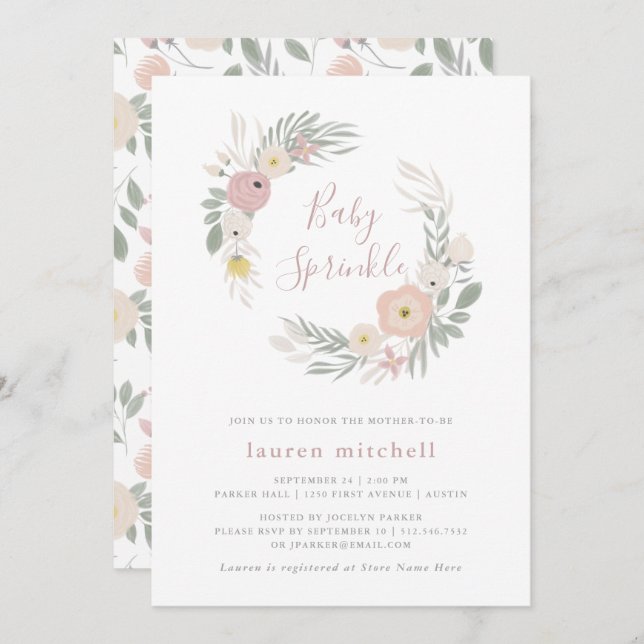 Pretty Pink Floral Wreath | Baby Sprinkle Invitation (Front/Back)
