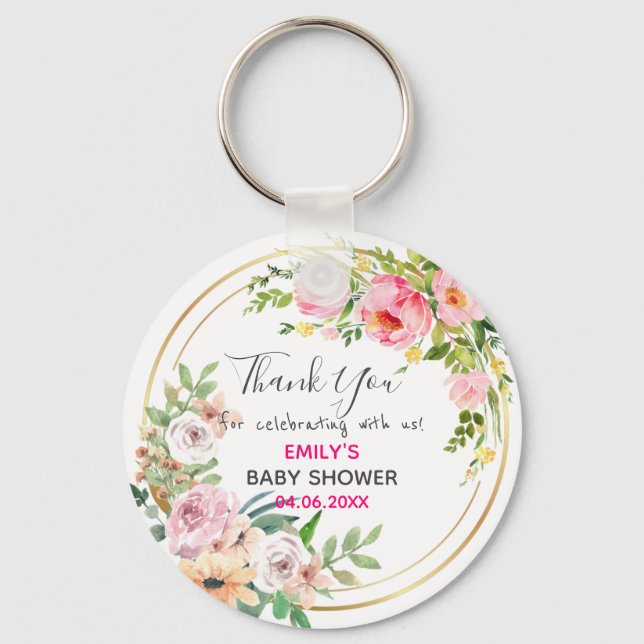 Pretty Pink Floral Wreath Thank You Baby Shower Keychain (Front)