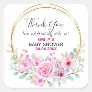 Pretty Pink Floral Wreath Thank You Baby Shower Square Sticker