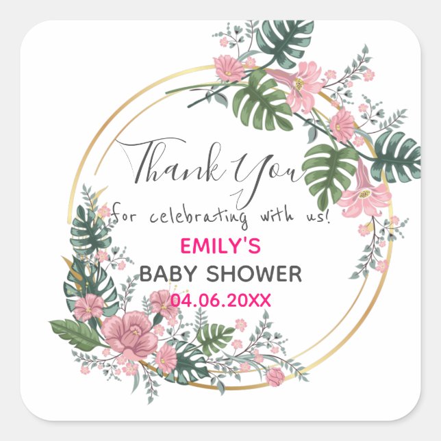 Pretty Pink Floral Wreath Thank You Baby Shower Square Sticker (Front)