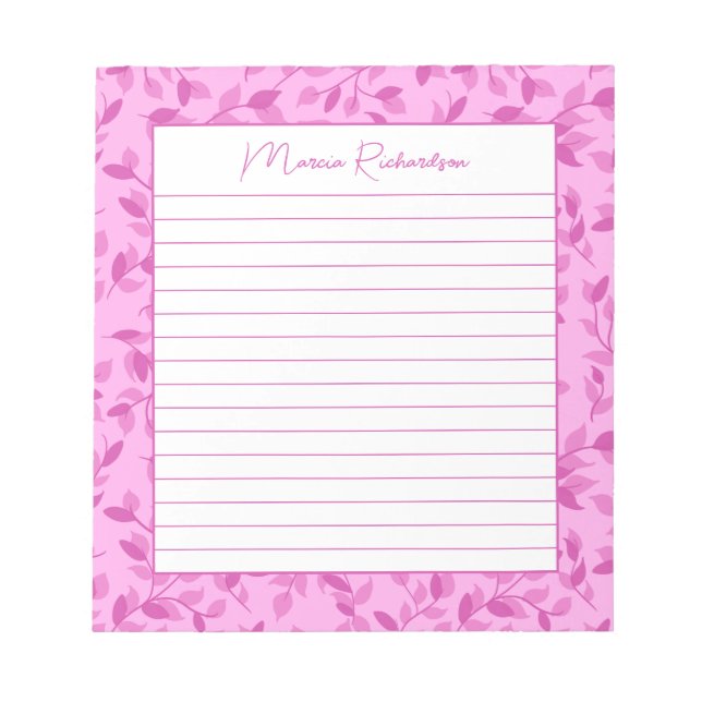 Pretty Pink Florals Modern Personalized Lined Notepad (Front)