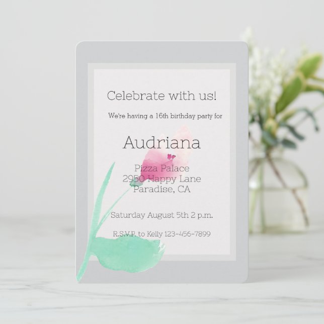 Pretty Pink Flower Grey 16th Birthday Invitation (Standing Front)