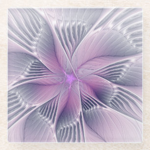Pretty Pink Flower Modern Abstract Fractal Art Glass Coaster