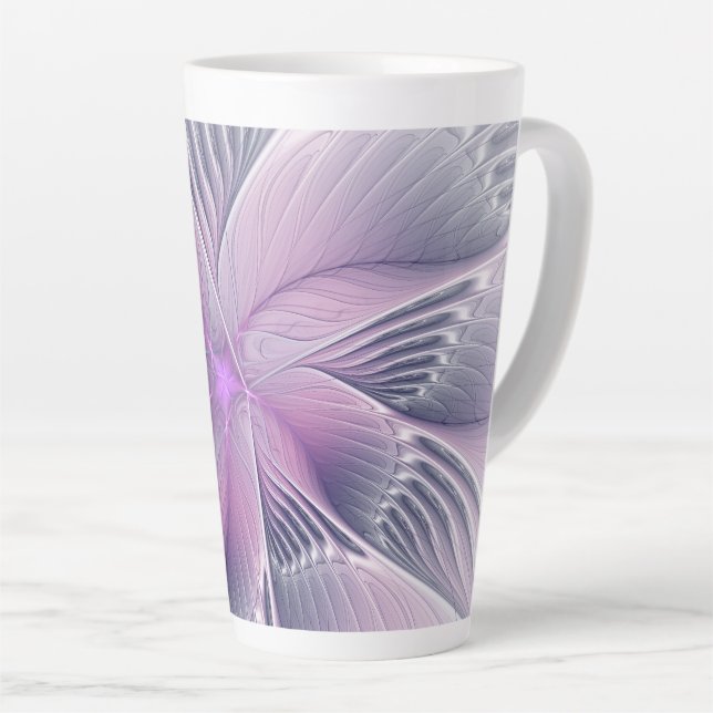 Pretty Pink Flower Modern Abstract Fractal Art Latte Mug (Right Angle)